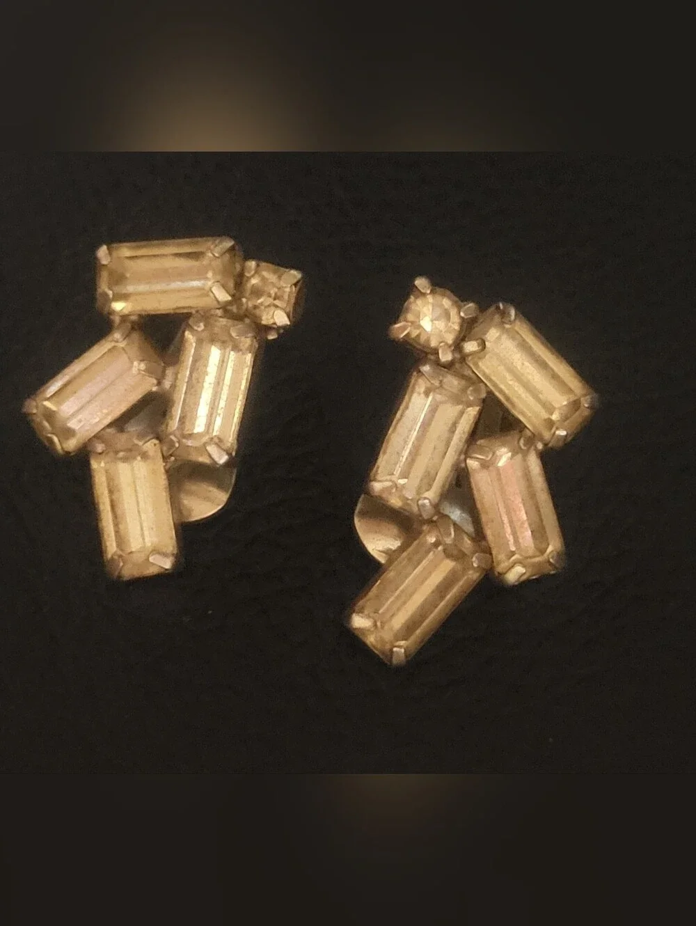 Vintage 1950s Signed Weiss Clear Rhinestone Baguette Clip-On Earrings Hollywood